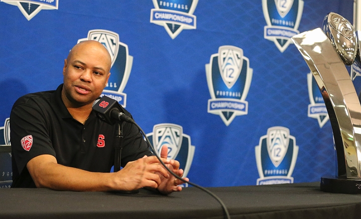 121129 Pac-12 Fri SA-015.JPG - Nov 29, 2012; Stanford, CA, USA; Stanford coach David Shaw at the press conference prior to the 2012 Pac-12 championship at Stanford Stadium.